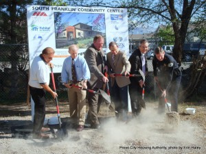 Groundbreaking of the South Franklin Community Center: L to R Larry Kocherhans, Horizon Management; Douglas Carlson, Provo City Housing Authority; Bill Hulterstrom, United Way of Utah County; Mayor John Curtis, Provo City; Val Hale, Habitat for Humanity of Utah County; Chief Rick Gregory, Provo City Police Department